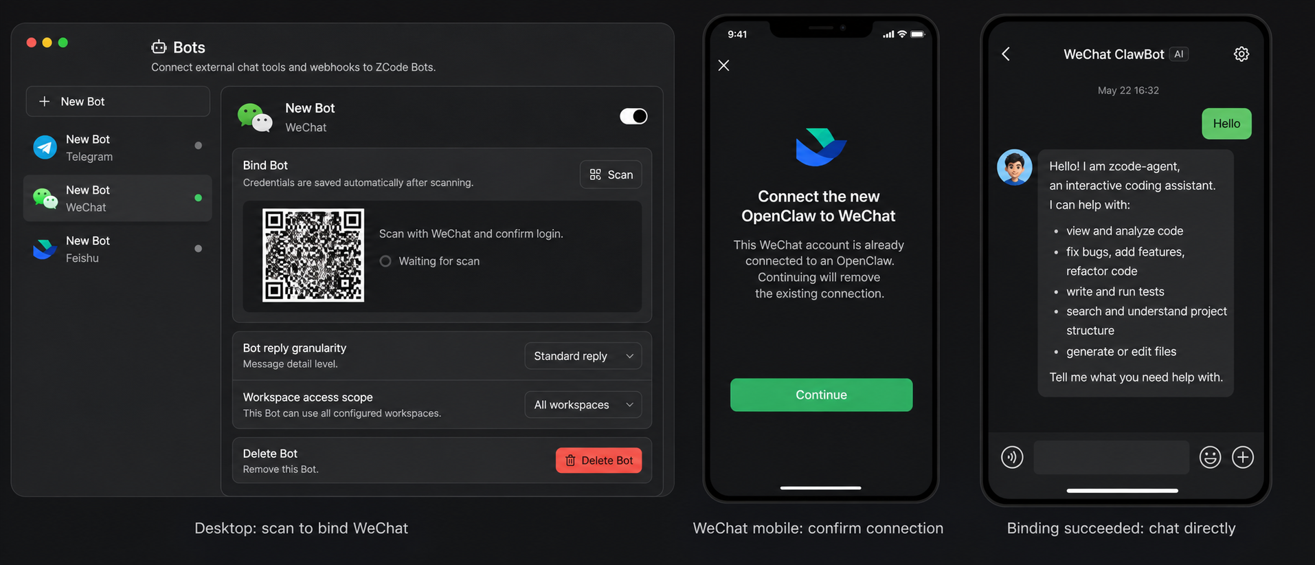 Процесс привязки WeChat Bot Channel