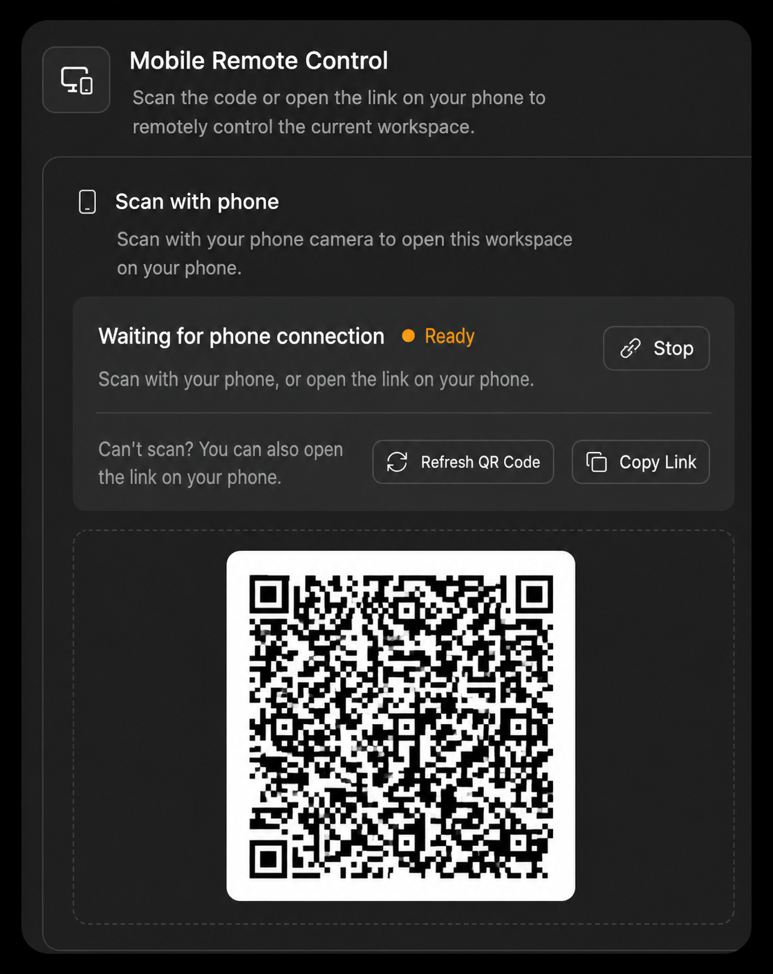 В диалоге слева показаны QR-код и ссылка